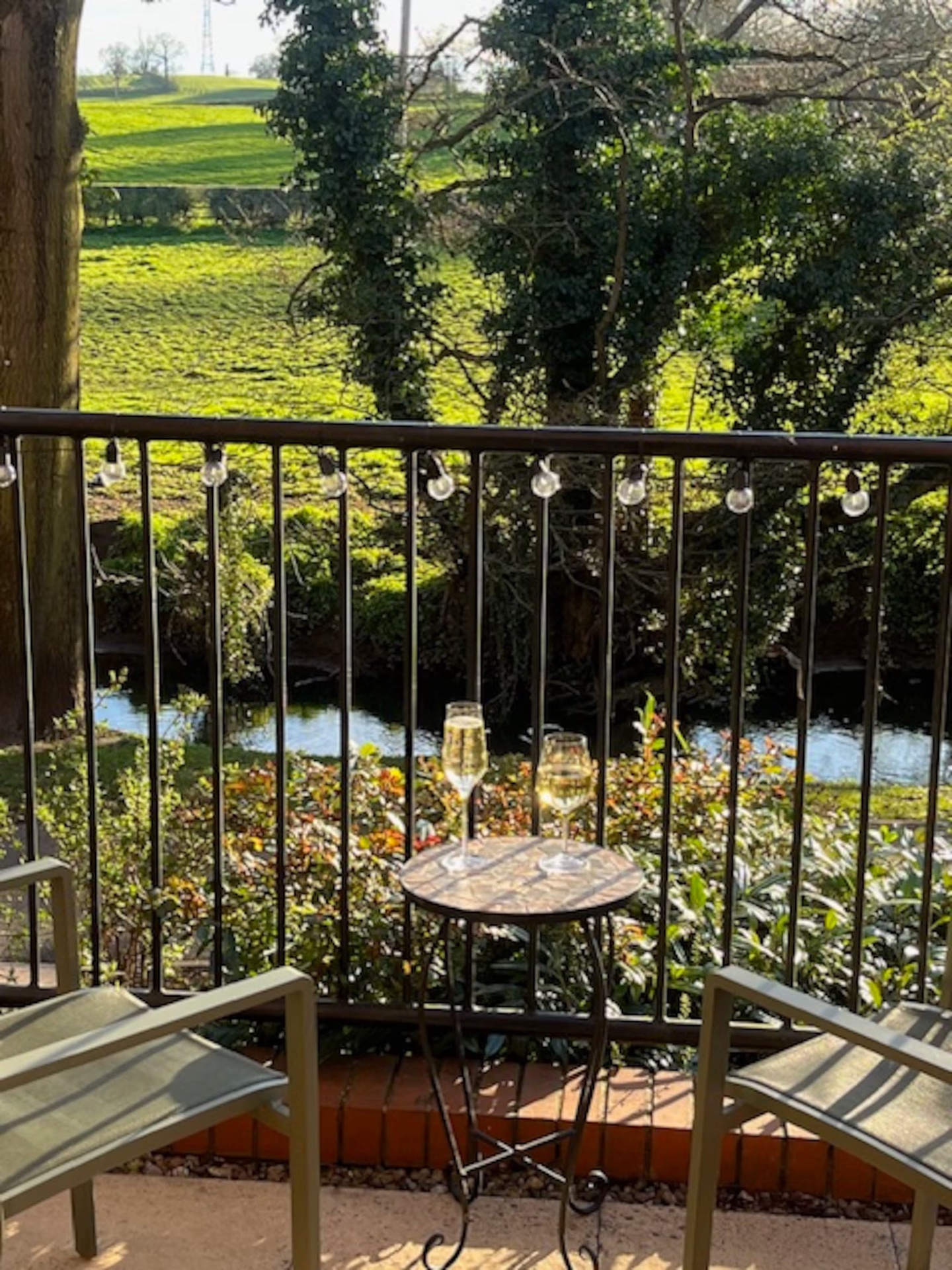 Two glasses of wine on the front balcony overlooking the river and fields