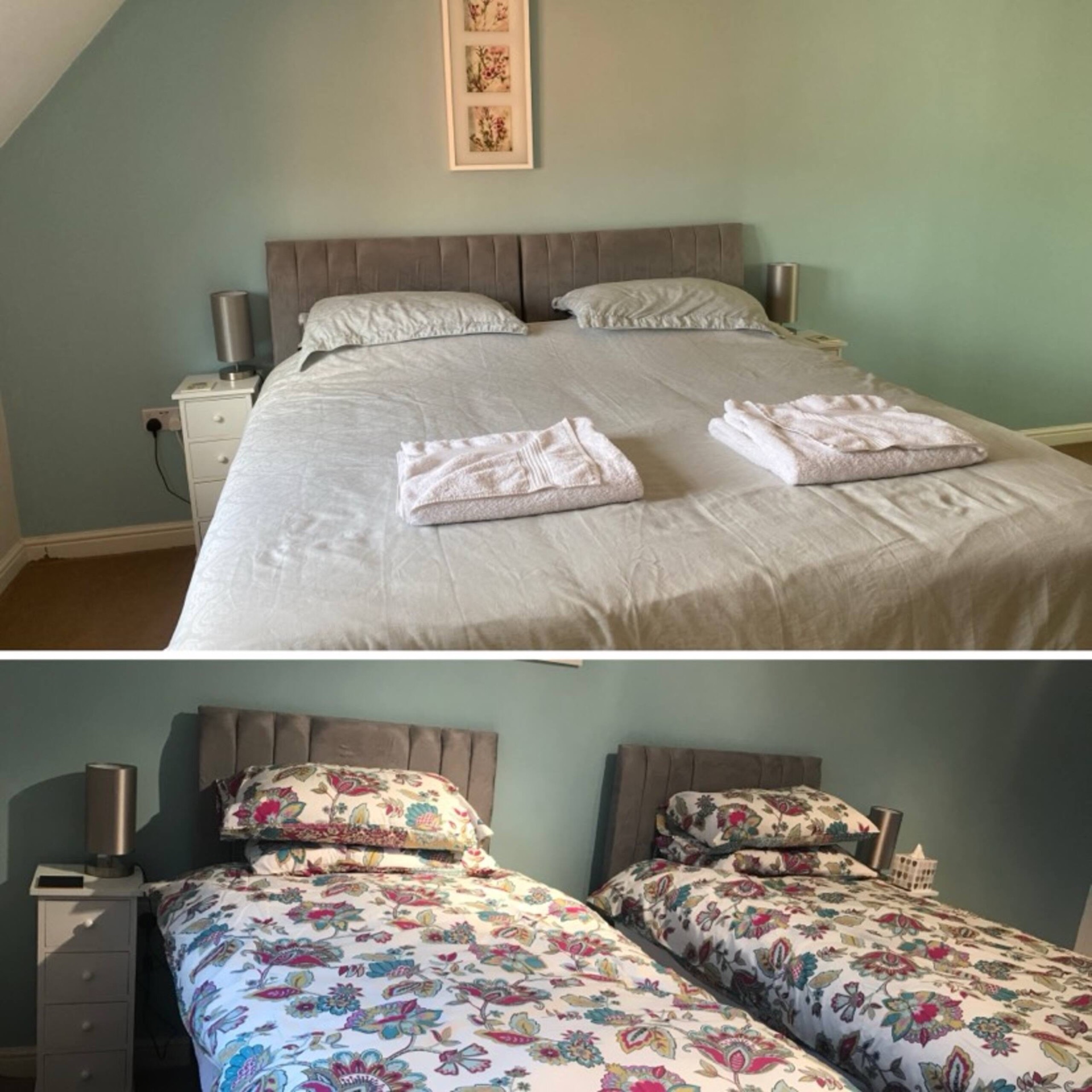 The zip-link bed shown in both configurations — super king on top, two singles below