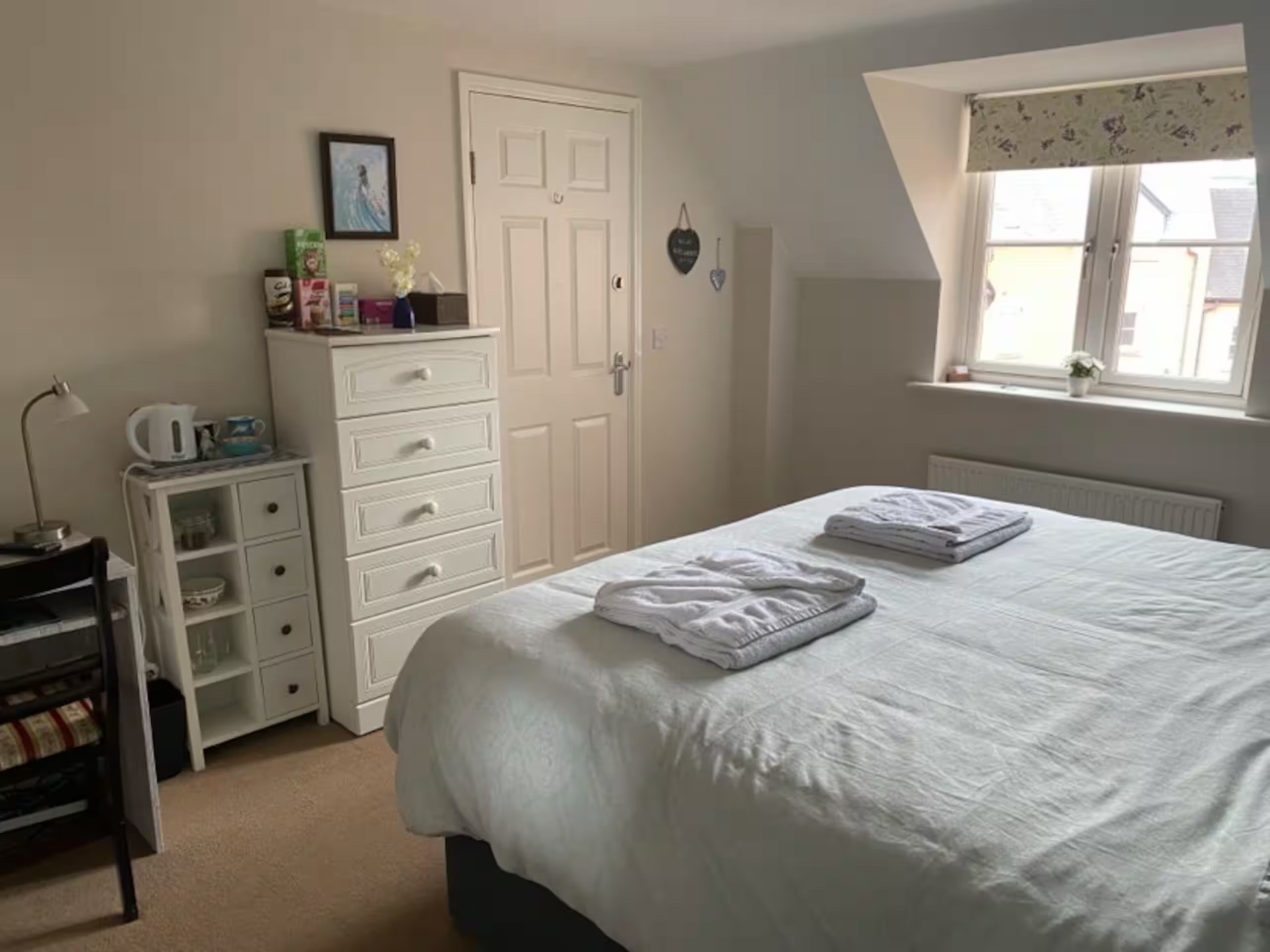 Riverside Room from the doorway — bed, dormer window and tea/coffee tray