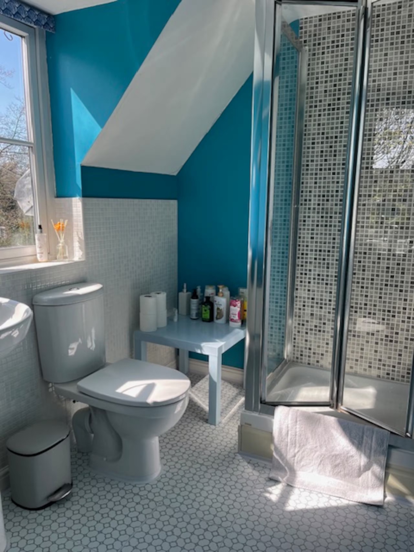En-suite shower cubicle with mosaic tiling and a fresh teal accent wall